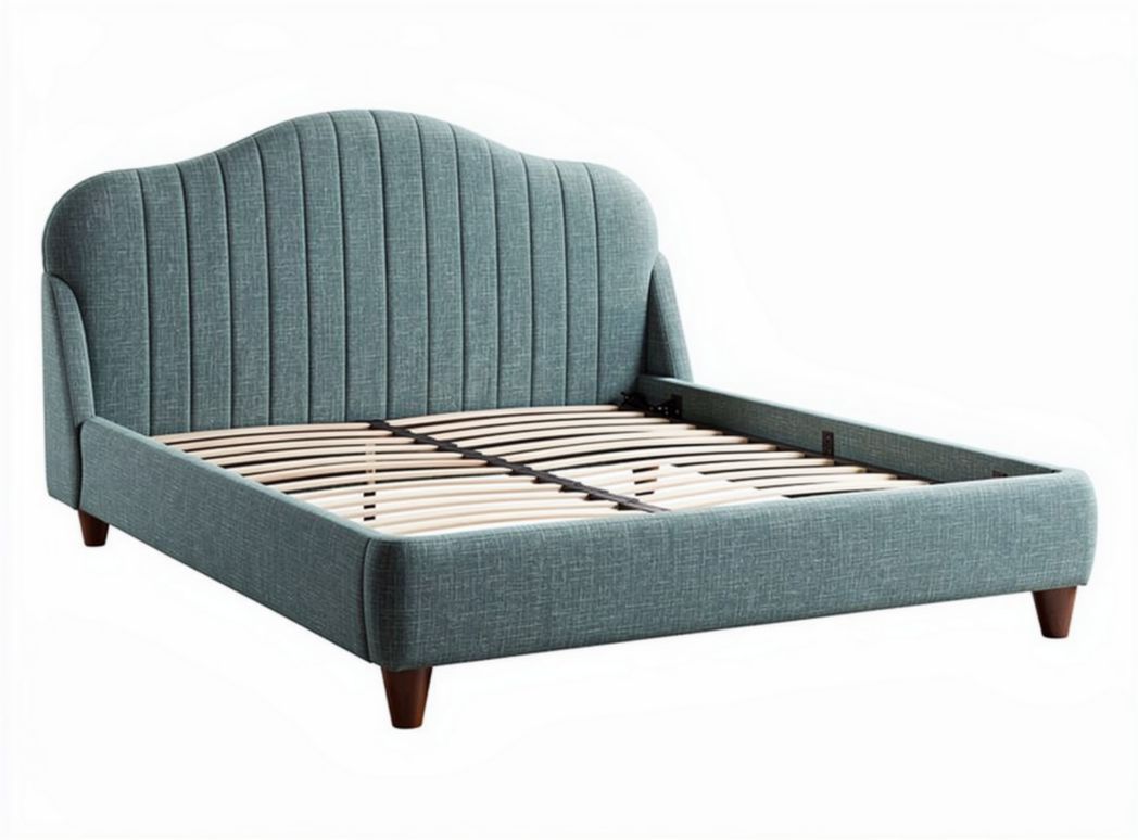 Lit double en tissu pour chambre à coucher - cadre en bois - 200 x 160 x 100cm